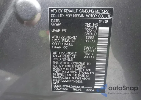 2019 Nissan Rogue Sv из США, поврежденный, VIN KNMAT2MV0KP548605